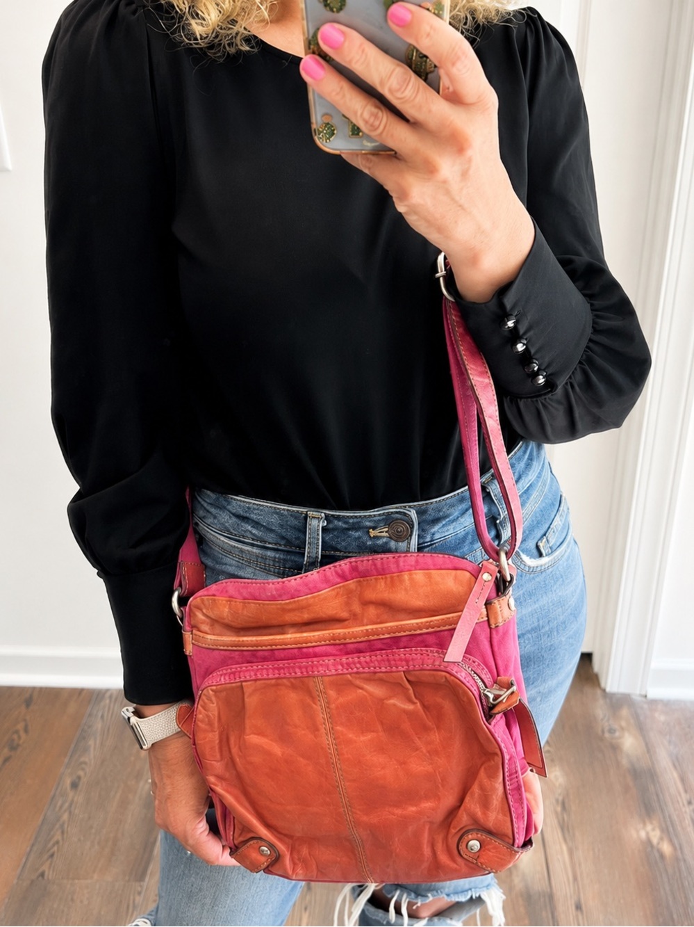 Vintage FOSSIL Dark Pink Leather and Canvas Purse Bag Crossbody